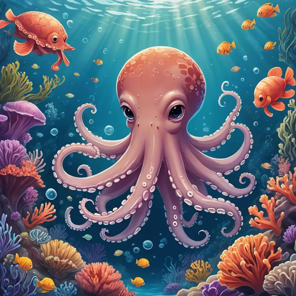an octopus is swimming in the ocean with other fish and corals around it, and a sunbeam above it, pop surrealism, an airbrush painting, Chris LaBrooy, highly detailed digital painting