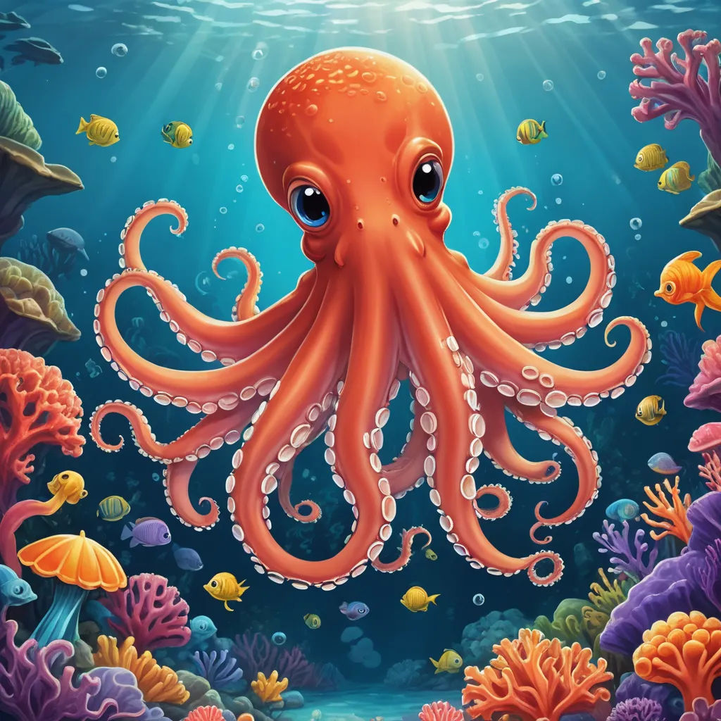 an octopus is swimming in the ocean with other sea creatures around it and a fish is swimming in the water, pop surrealism, an airbrush painting, Cliff Childs, highly detailed digital painting