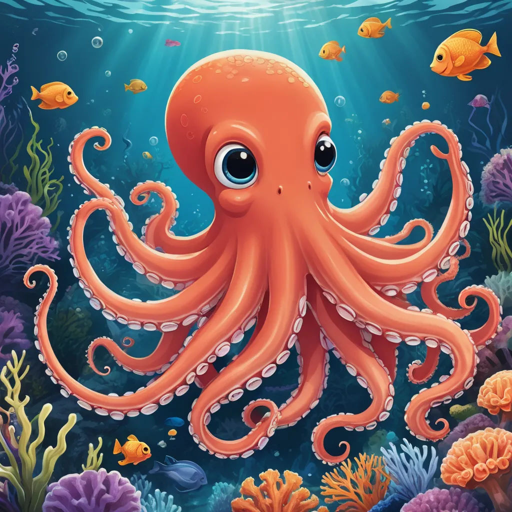 an octopus is swimming in the ocean with fish and corals around it illustration by alex krapf, pop surrealism, a storybook illustration, Diego Gisbert Llorens, octopus