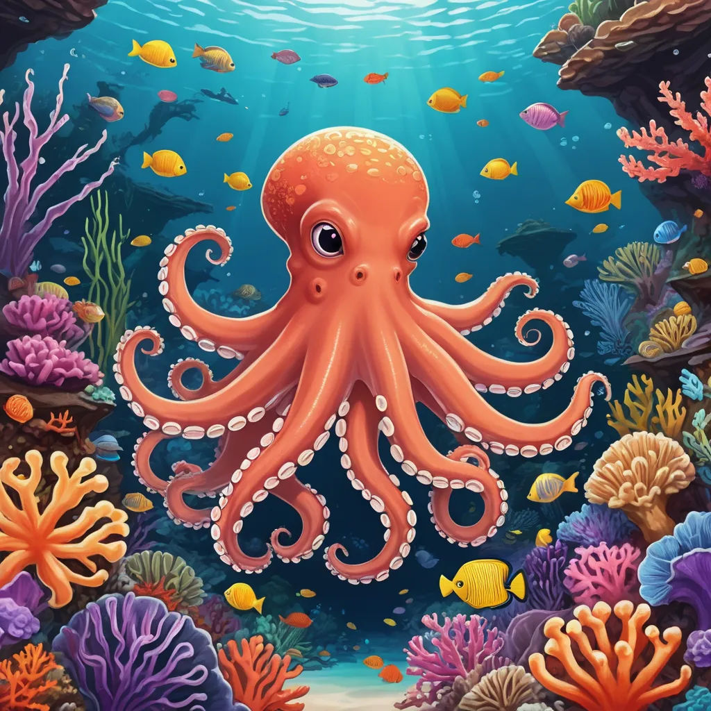 an octopus is swimming in the ocean with corals and other marine life around it illustration by john wylock, pop surrealism, a digital painting, Chris LaBrooy, highly detailed digital painting