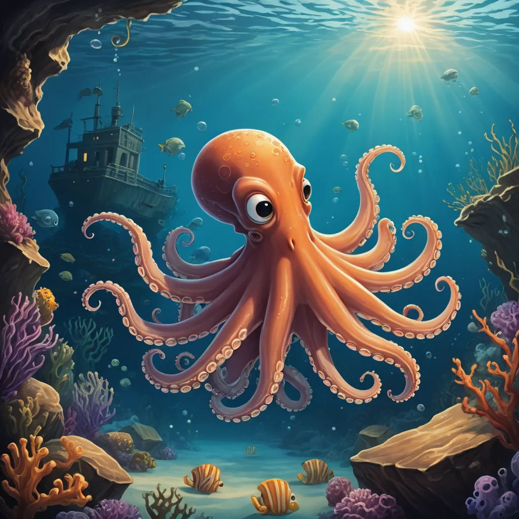 an octopus swimming in the ocean with a ship in the background illustration by alex krapfa for the children's book, the little mermaid, pop surrealism, a storybook illustration, Cliff Childs, octopus