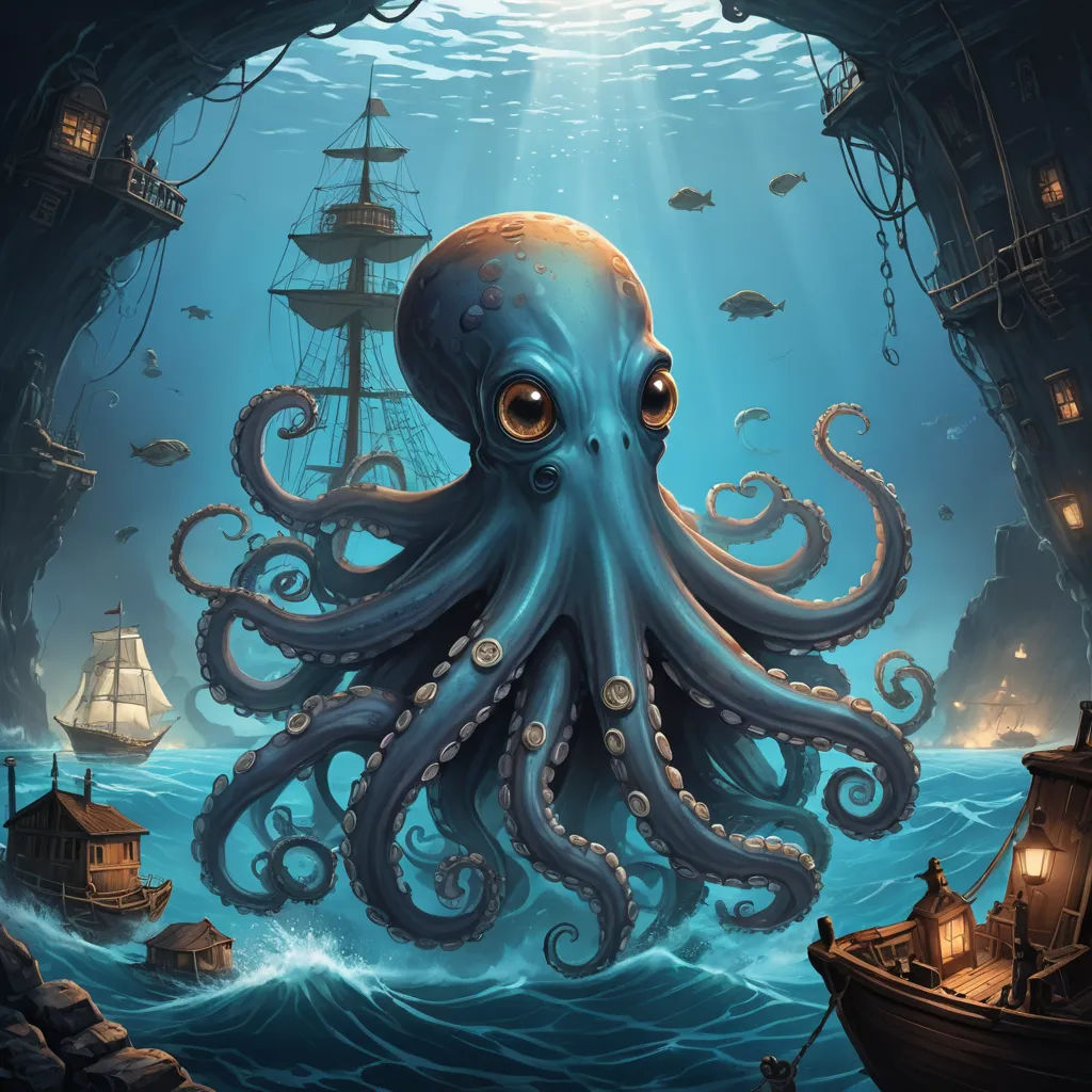 an octopus is in the water near a boat and a ship in the background with a light beam in the middle, pop surrealism, a storybook illustration, Cyril Rolando, octopus