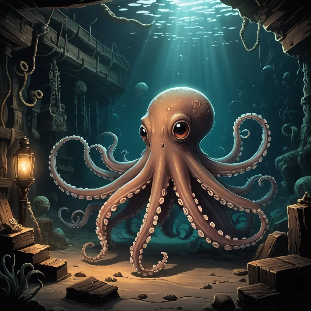 an octopus is swimming in a cave with a light on it's head and a lantern in its mouth, fantasy art, a storybook illustration, Cyril Rolando, octopus