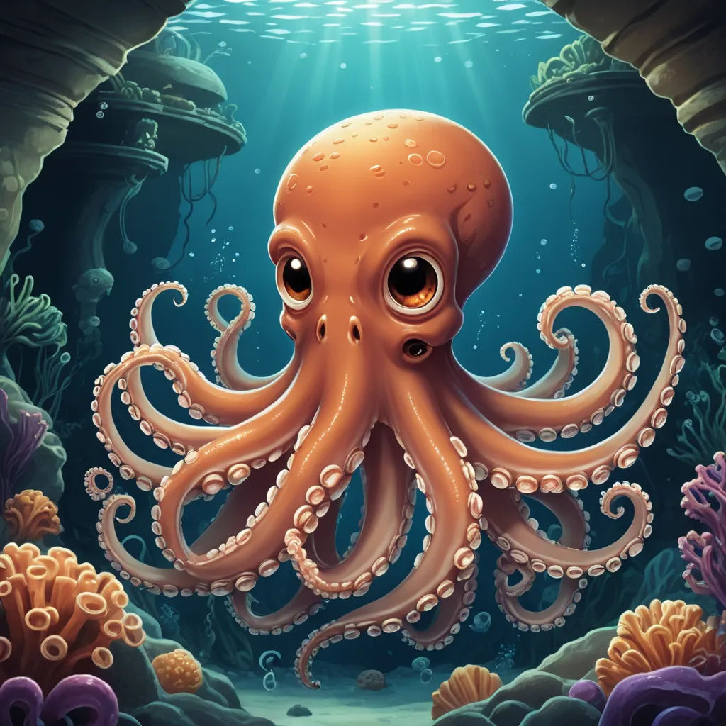 an octopus is swimming in the ocean with a light shining on it's face and head, with a scuba diver nearby, pop surrealism, a digital painting, Cyril Rolando, highly detailed digital painting