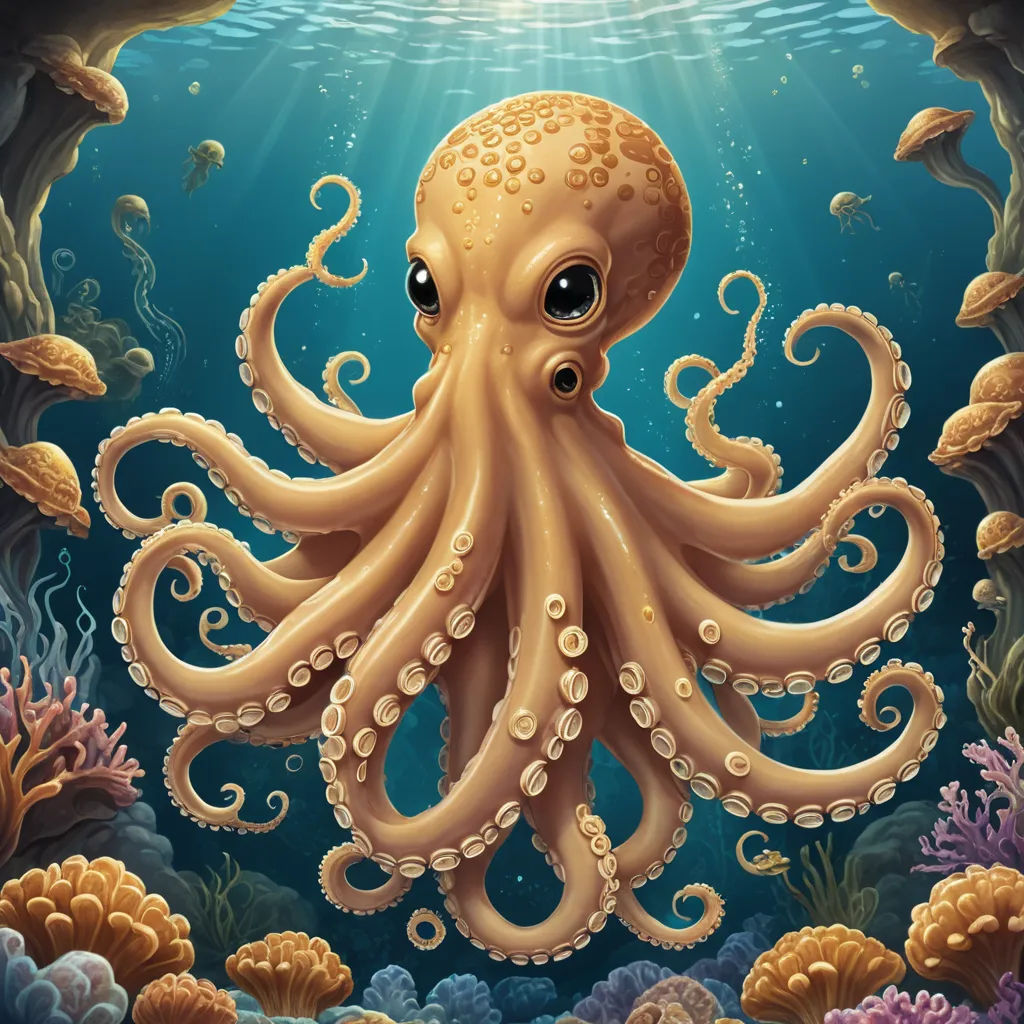 an octopus is swimming in the ocean with a light shining on it's face and head, with a fish swimming in the water, pop surrealism, a detailed painting, Dan Mumford, octopus