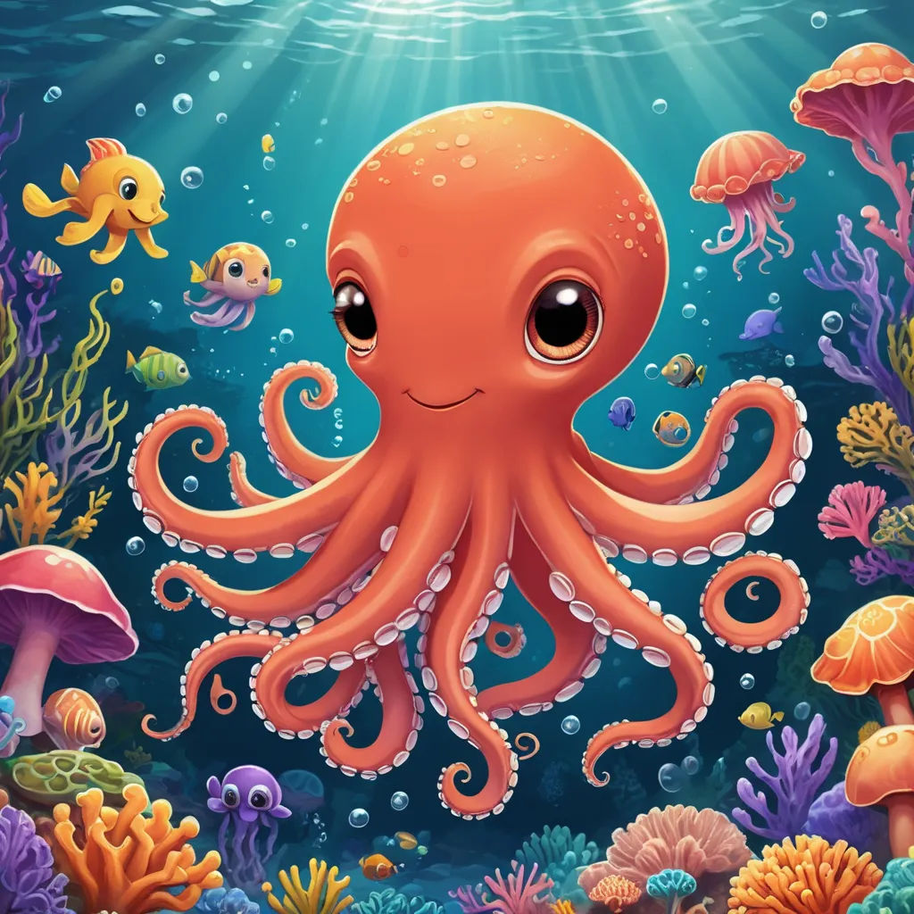 an octopus is swimming in the ocean with other sea creatures around it and a fish is swimming in the water, pop surrealism, a storybook illustration, Diego Gisbert Llorens, highly detailed digital painting