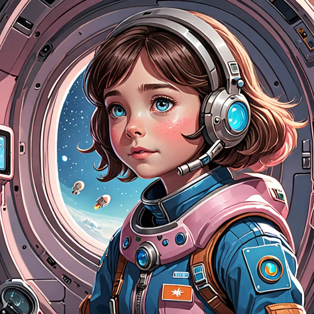 a girl in a space suit with headphones on looking out of a window at the earth and stars, space art, an ultrafine detailed painting, Aaron Jasinski, josan gonzales and dan mumford