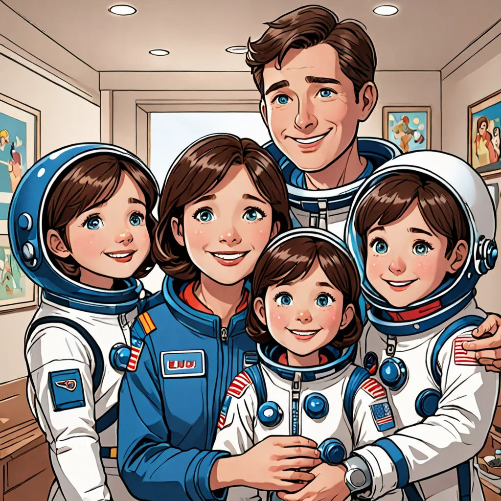 a family of three wearing space suits and smiling for a picture in a room with paintings on the walls, space art, a storybook illustration, Diego Gisbert Llorens, detailed illustration
