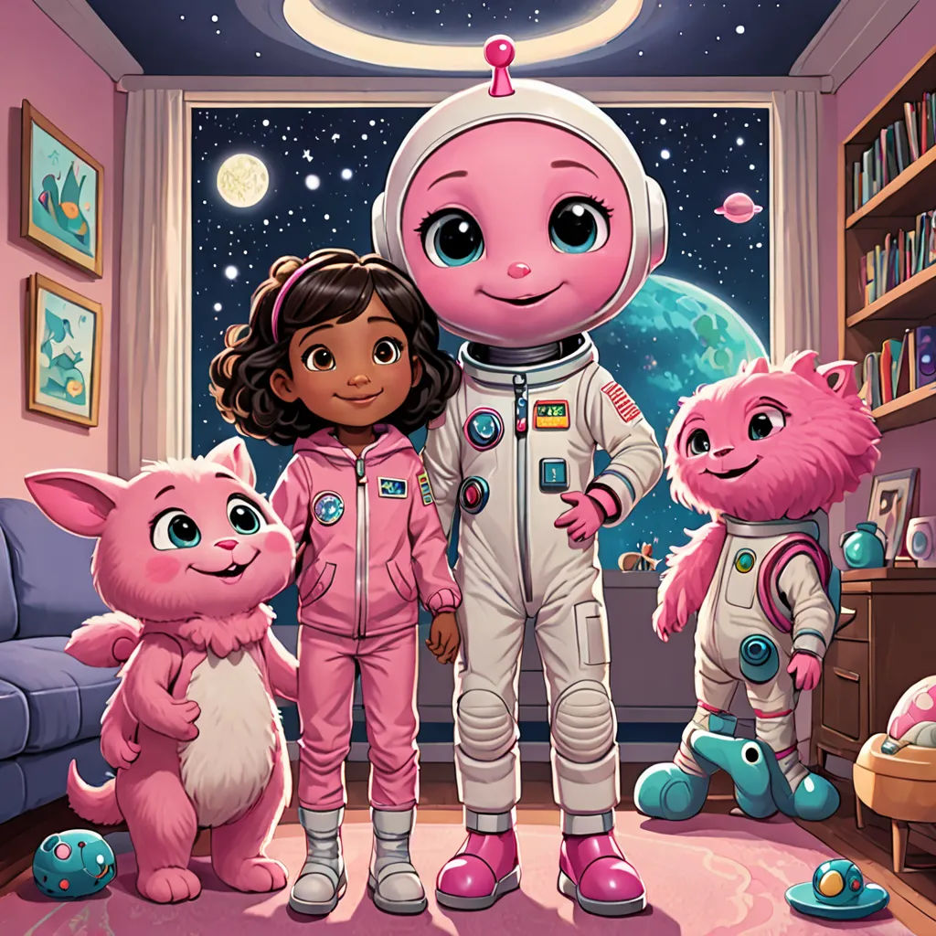 a girl in a pink space suit standing next to two pink cats and a pink cat in a pink room, space art, a storybook illustration, Felix-Kelly, promotional image
