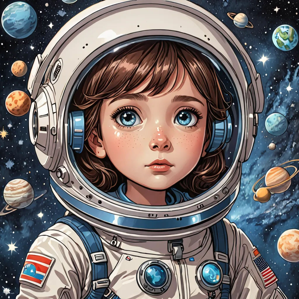 a painting of a girl in a space suit with planets around her and a space shuttle in the background, space art, a detailed drawing, Artgerm, stanley artgerm lau