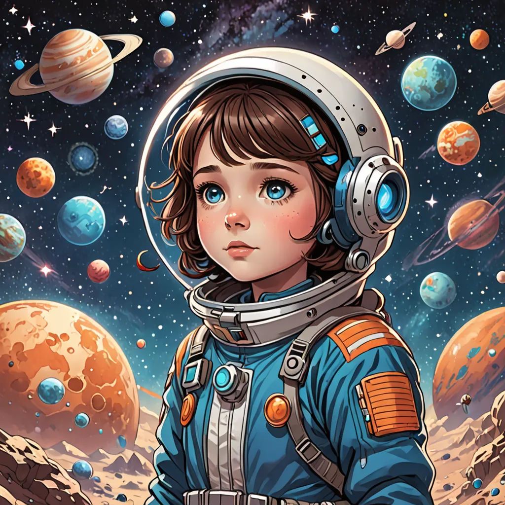 a painting of a girl in a space suit standing in front of planets and stars with a camera on her head, space art, a detailed painting, Aaron Jasinski, josan gonzales and dan mumford