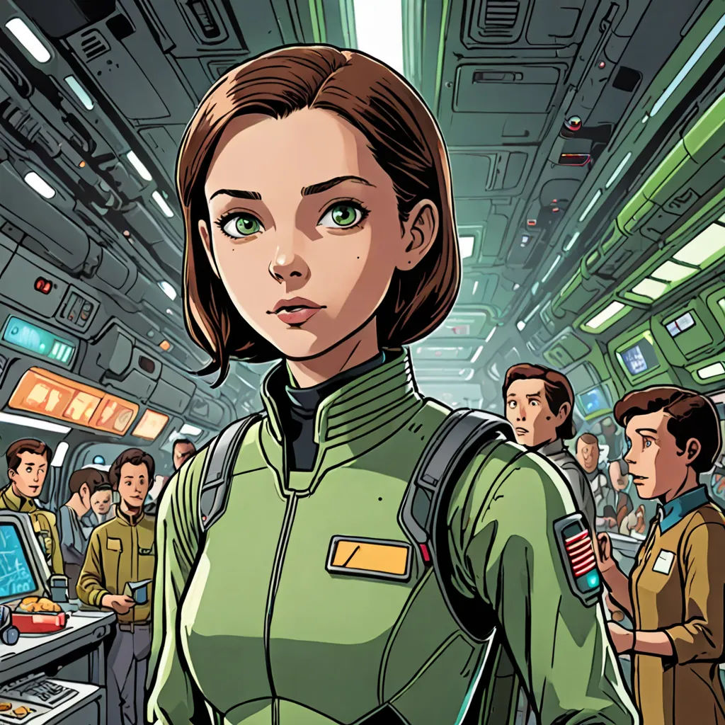 a woman in a green uniform standing in a room with people looking at her computer screen and looking at the camera, space art, a comic book panel, Eve Ryder, comic cover art