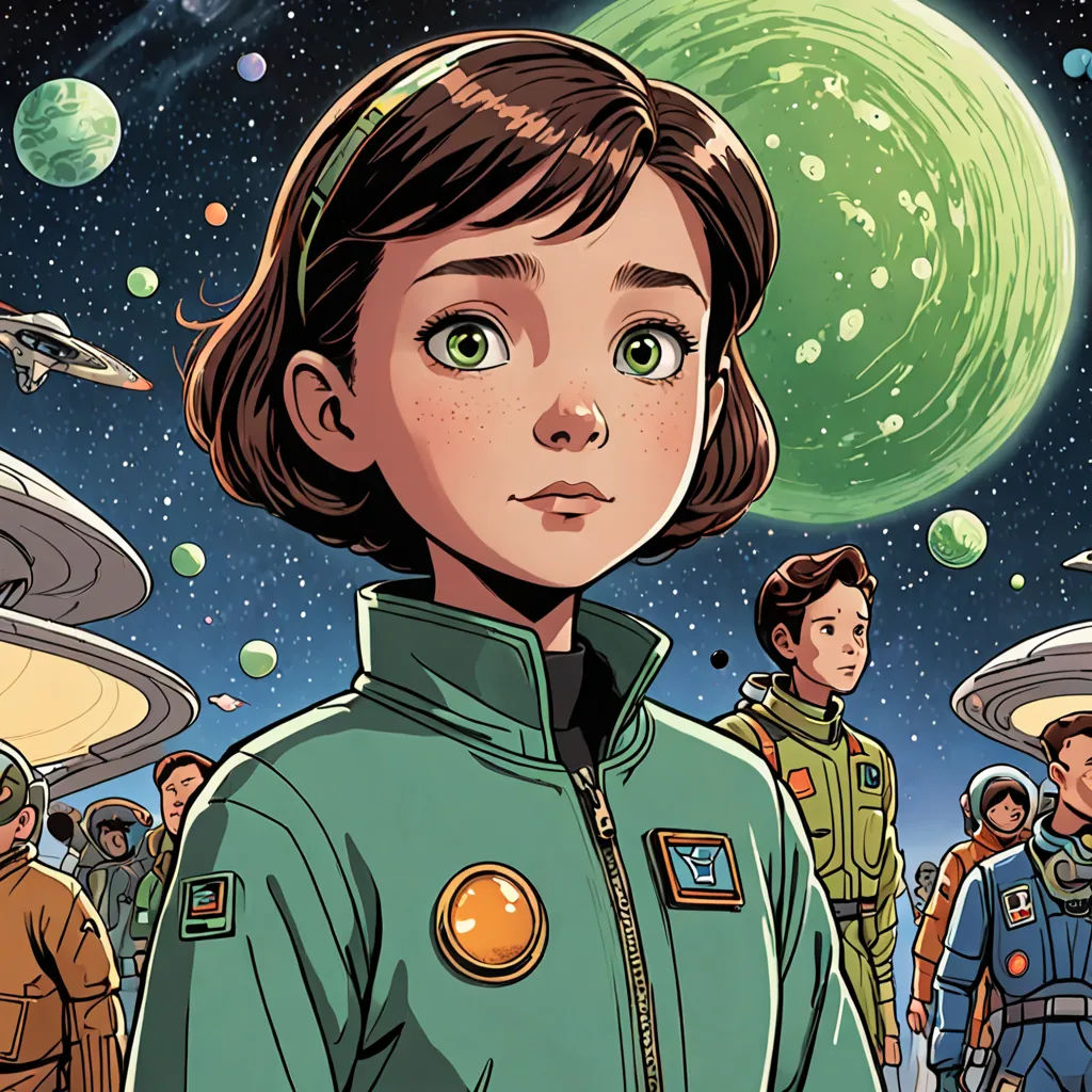a cartoon of a girl in a green space suit surrounded by other people and planets in the background, with a green and blue sky, space art, a comic book panel, Diego Gisbert Llorens, comic cover art