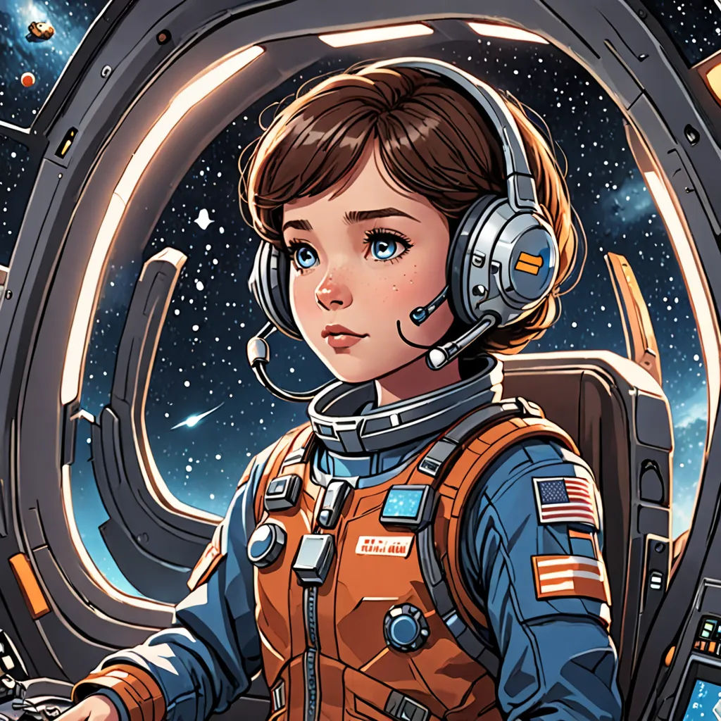 a woman in a space suit with headphones on and a laptop in her hand, looking out of a window, space art, an ultrafine detailed painting, Artgerm, josan gonzales and dan mumford
