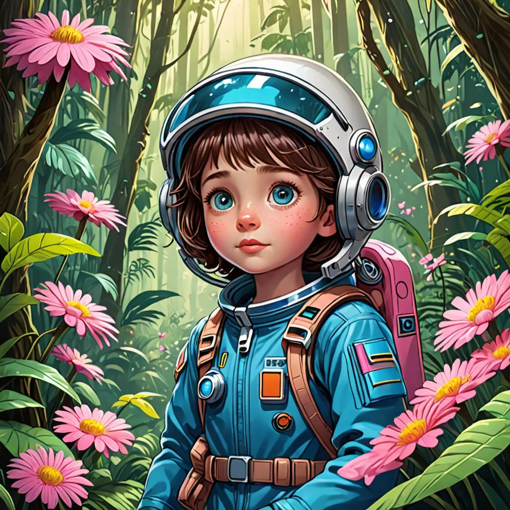 a painting of a girl in a space suit in a forest with pink flowers and a pink flower in her hair, space art, an ultrafine detailed painting, Aaron Jasinski, trending on art station