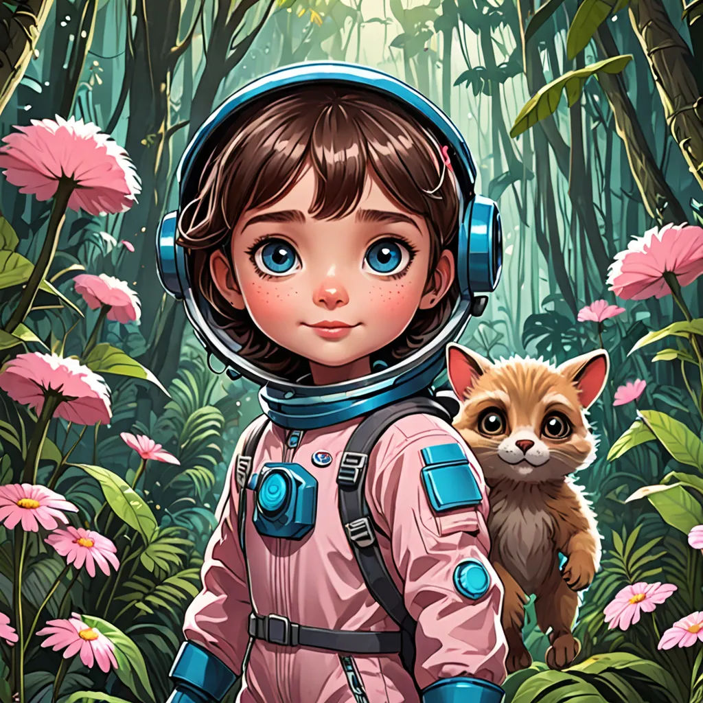 a girl in a space suit standing in a forest with a cat and a bird in her hand, with a background of pink flowers, space art, a character portrait, Aaron Jasinski, comic cover art