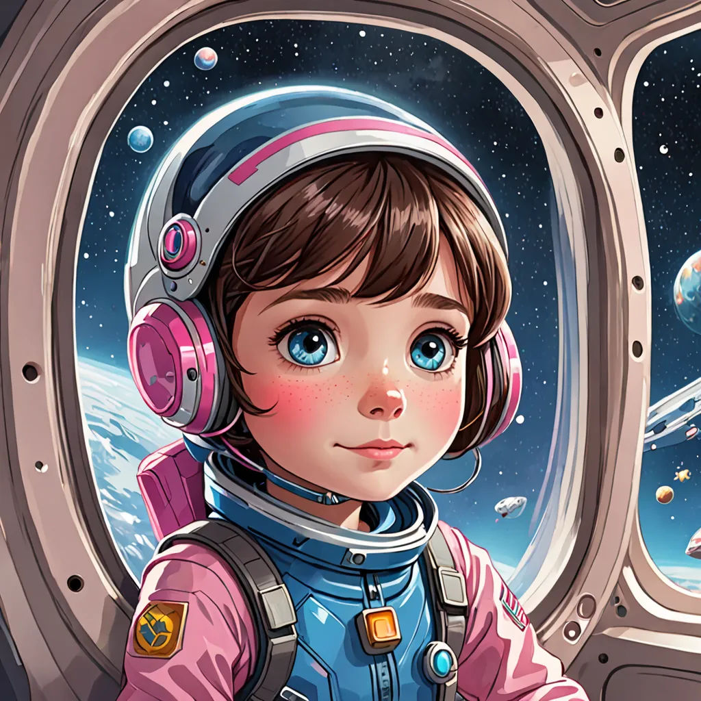a little girl in a space suit looking out of a window at the earth and stars in the sky, space art, a detailed painting, Diego Gisbert Llorens, trending on art station