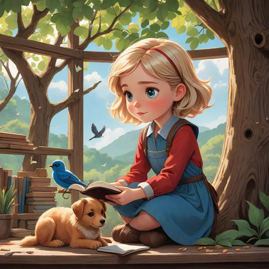 a little girl sitting on a bench next to a dog and a bird on a book in front of a tree, Cliff Childs, fantasy art, a storybook illustration, storybook illustration