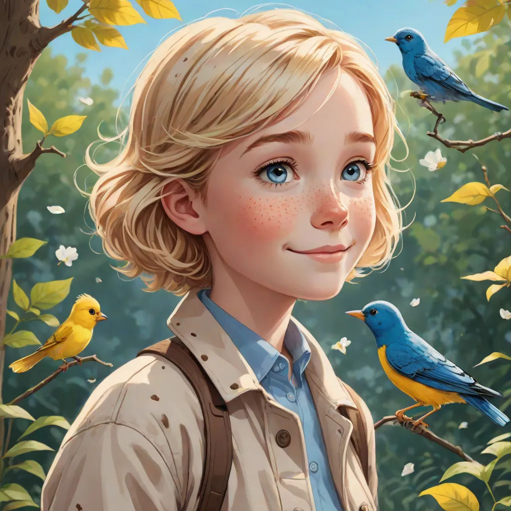 a painting of a girl with birds on her shoulder and a tree in the background with leaves and branches, Cliff Childs, magic realism, a character portrait, key art