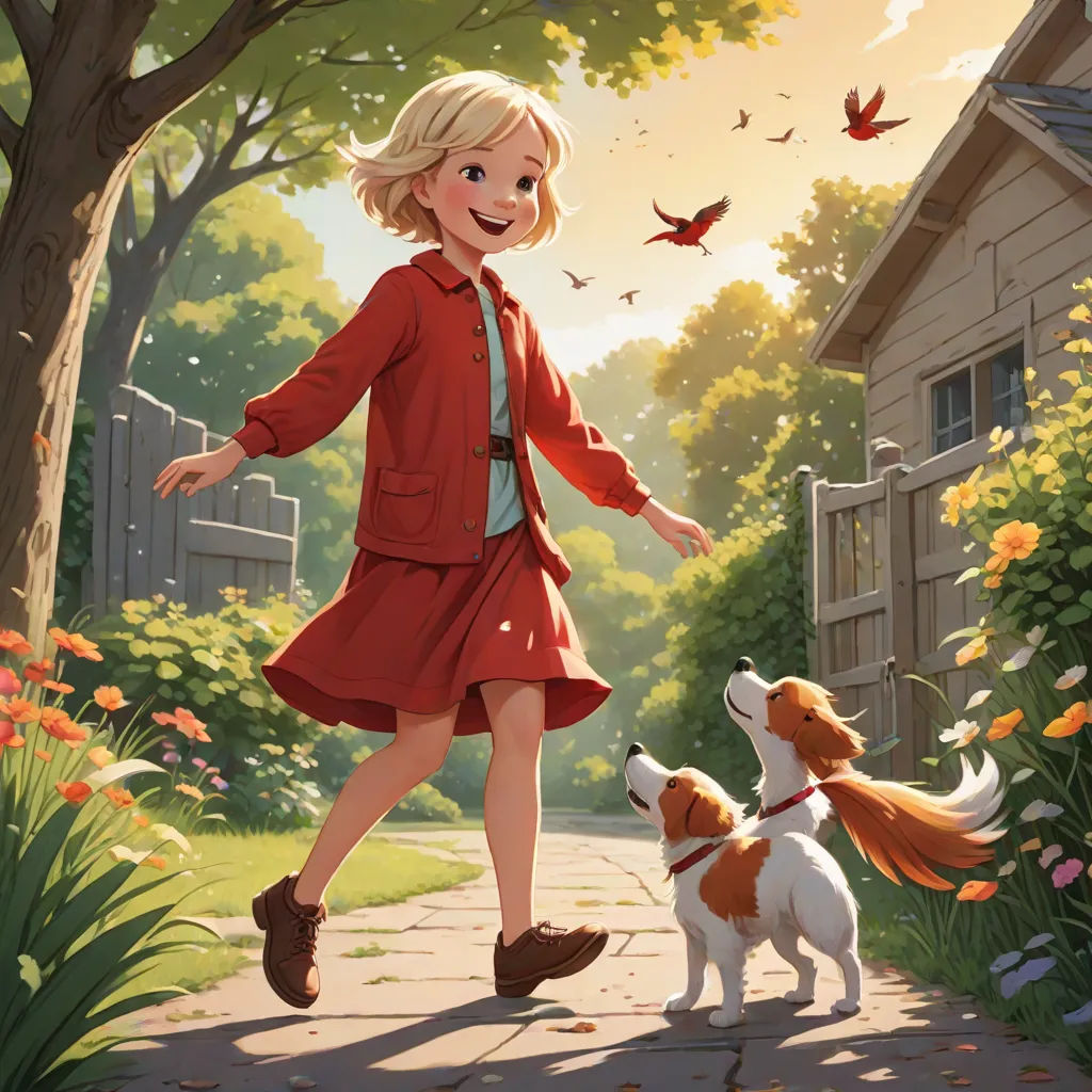 a girl in a red dress walking a dog on a leash in a garden with flowers and a house, Aaron Jasinski, american scene painting, a storybook illustration, official art