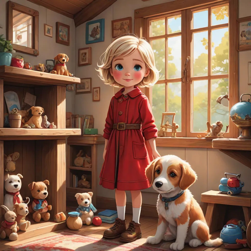 a little girl standing next to a dog in a room filled with stuffed animals and teddy bears on the floor, Bob Byerley, photorealism, a storybook illustration, official art