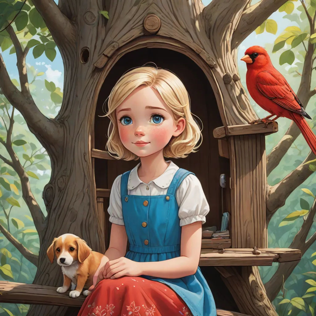 a painting of a little girl sitting on a tree house with a dog and a bird on the porch, Cliff Childs, magic realism, a storybook illustration, storybook illustration