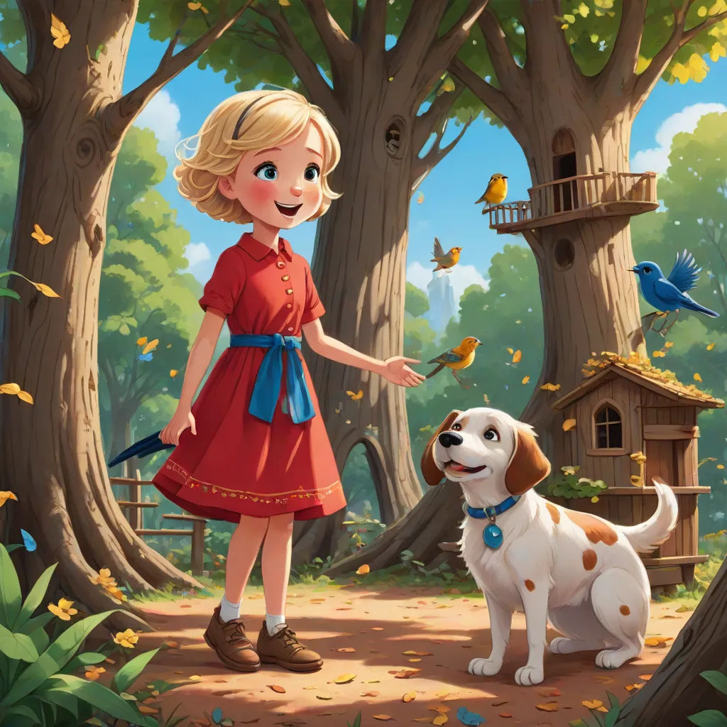 a girl in a red dress is standing next to a dog and a birdhouse in the woods with a bird on it, David Brewster, american scene painting, a storybook illustration, official art