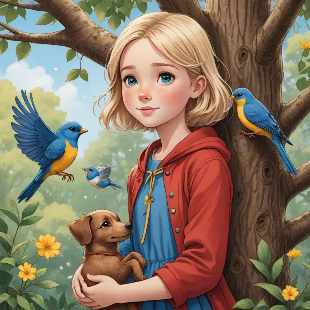 a painting of a girl holding a dog and birds in a tree with flowers and a bird on the branch, Cliff Childs, magical realism, a storybook illustration, highly detailed digital painting