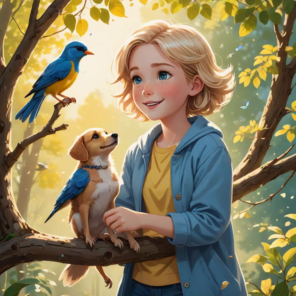 a painting of a girl holding a dog on a tree branch with a bird perched on it's shoulder, Aaron Jasinski, magic realism, a storybook illustration, storybook illustration