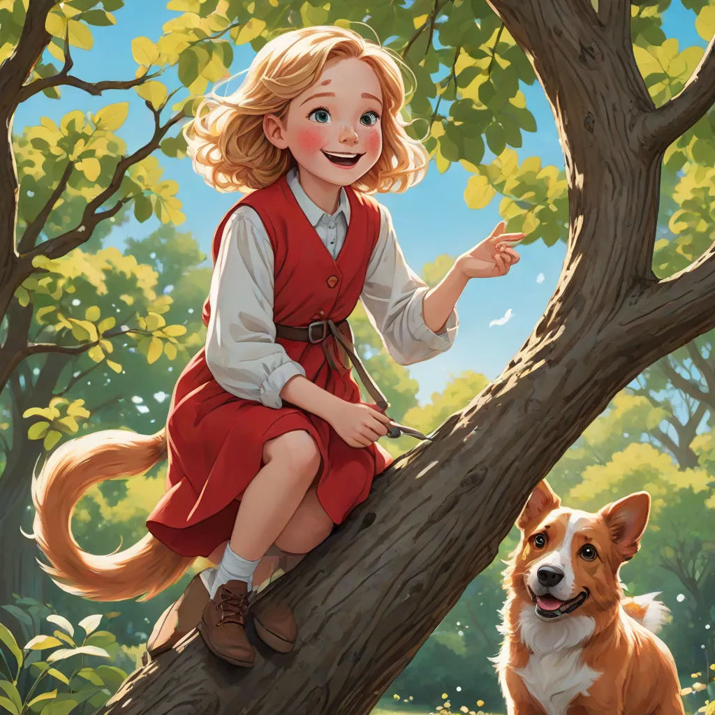 a painting of a girl sitting on a tree with a dog nearby by her side, with a dog looking on, Aaron Jasinski, altermodern, a storybook illustration, official art