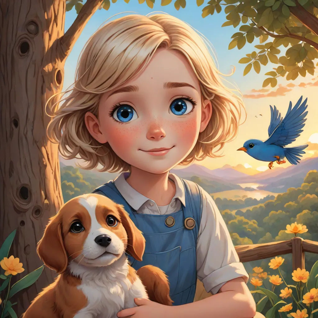 a painting of a girl holding a puppy in a field of flowers with a bird flying above her and a bird flying above her, Cliff Childs, furry art, a storybook illustration, official art