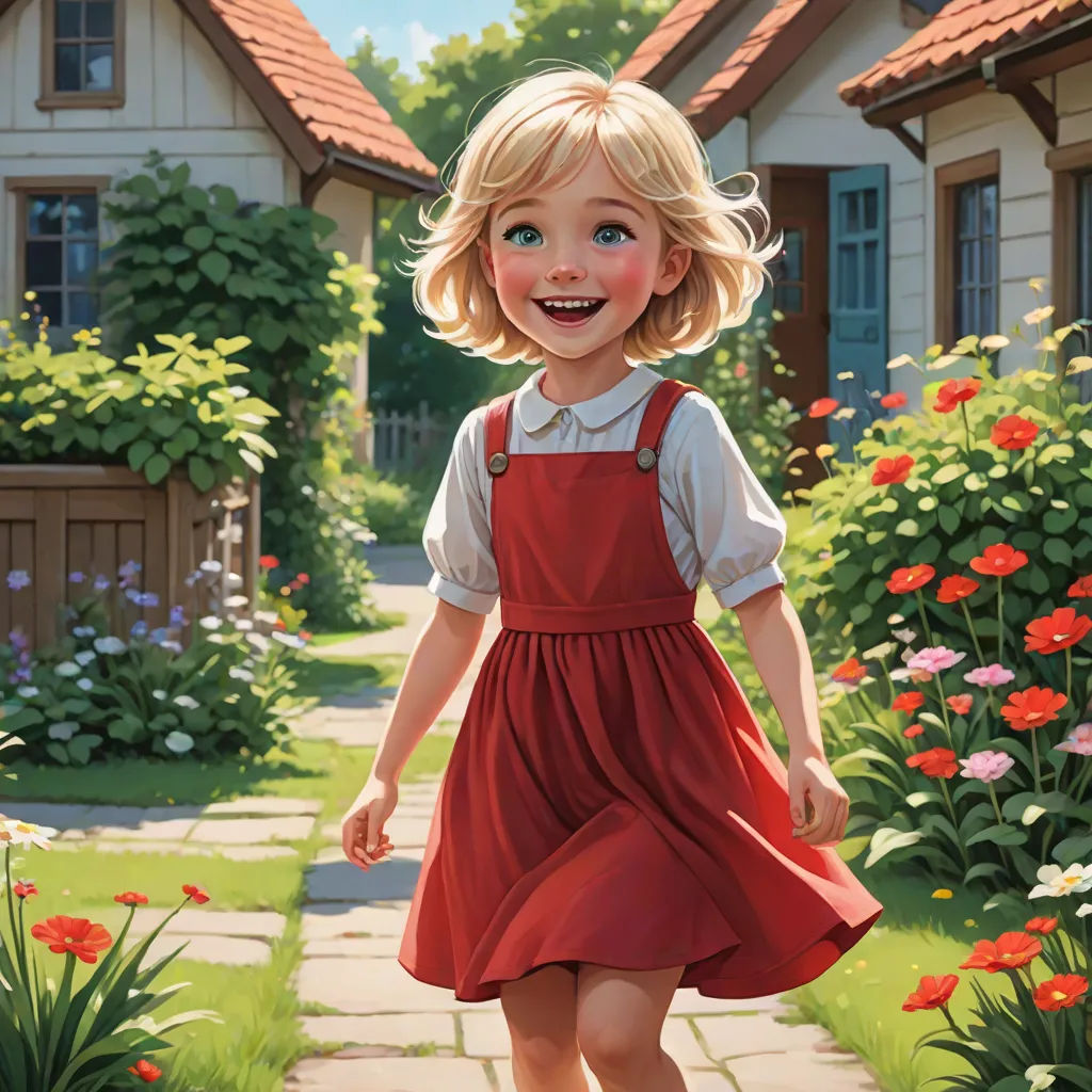 a painting of a little girl walking down a sidewalk in a garden with flowers and a house in the background, Aaron Jasinski, american scene painting, a storybook illustration, cushart krenz