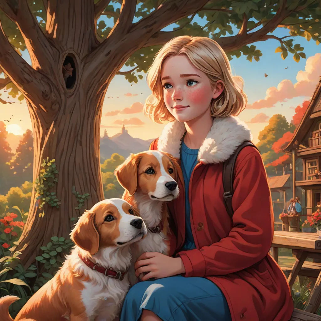 a painting of a woman sitting on a bench with two dogs in front of a tree and a house, Aaron Jasinski, furry art, a storybook illustration, kinkade
