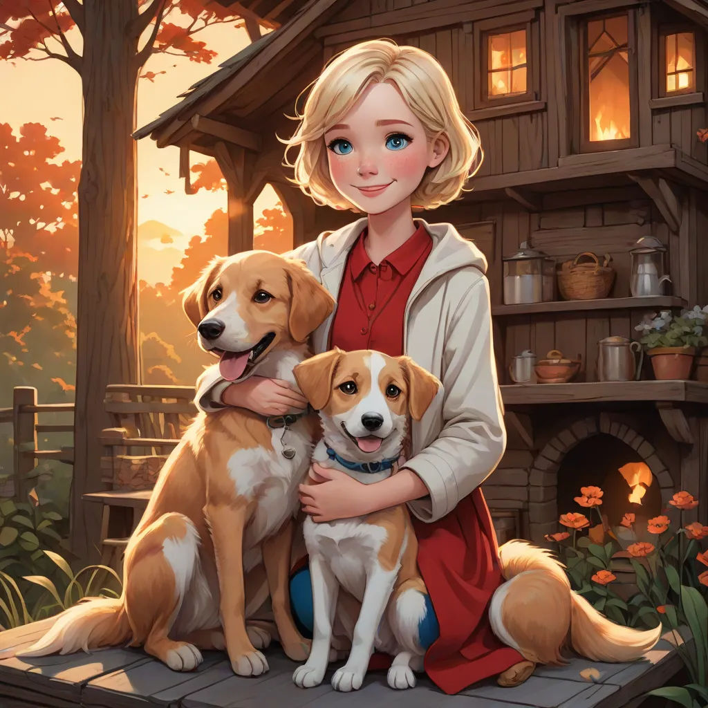 a painting of a girl holding two dogs in front of a house with a porch and flowers in the background, Aaron Jasinski, furry art, a storybook illustration, official art