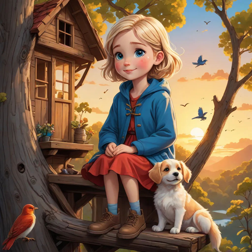 a painting of a little girl sitting on a tree house with a dog and bird nearby by a birdhouse, Cliff Childs, magic realism, a storybook illustration, kinkade
