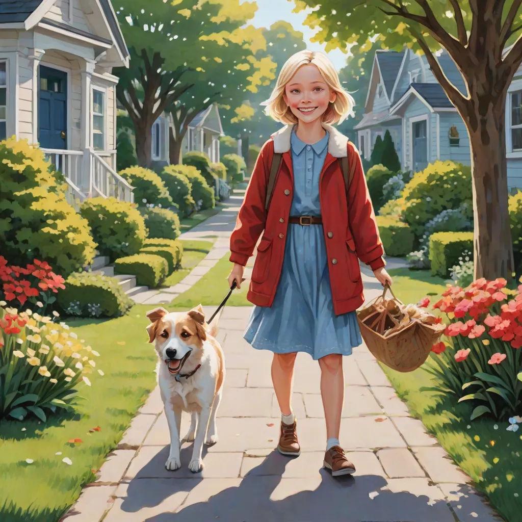 a painting of a girl walking a dog on a leash in a park with houses and flowers in the background, Bob Byerley, american scene painting, a storybook illustration, official art