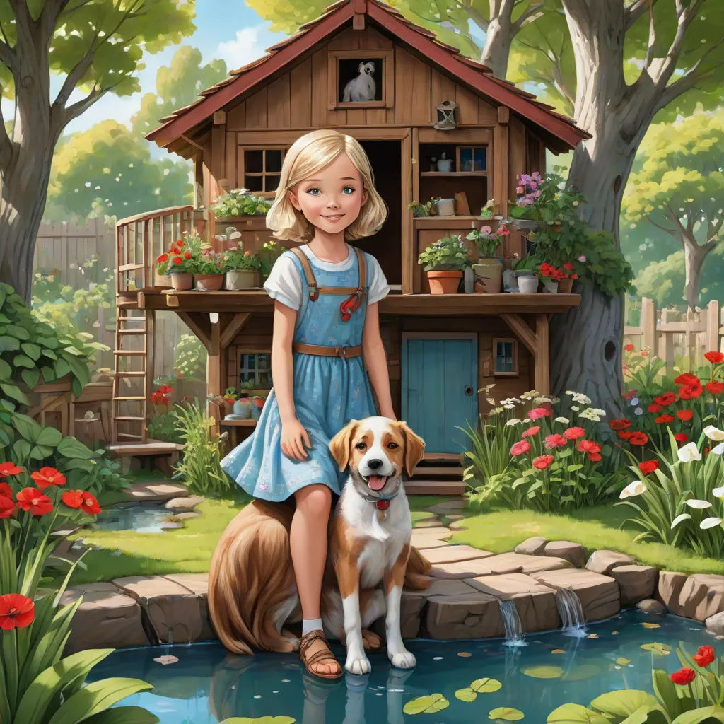 a painting of a girl and her dog in front of a house with a pond and flowers in the yard, Bob Byerley, naive art, a storybook illustration, storybook illustration