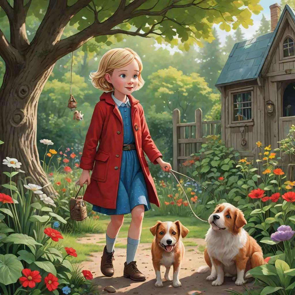 a painting of a little girl walking two dogs in a garden with a tree and a house in the background, Bob Byerley, american scene painting, a storybook illustration, kinkade