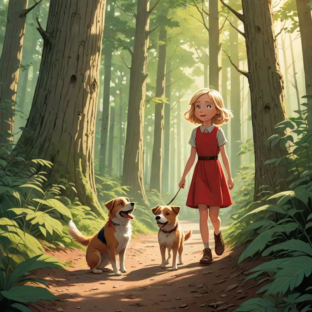 a girl in a red dress is walking two dogs in a forest with tall trees and ferns on the ground, Aaron Jasinski, magic realism, a storybook illustration, official art
