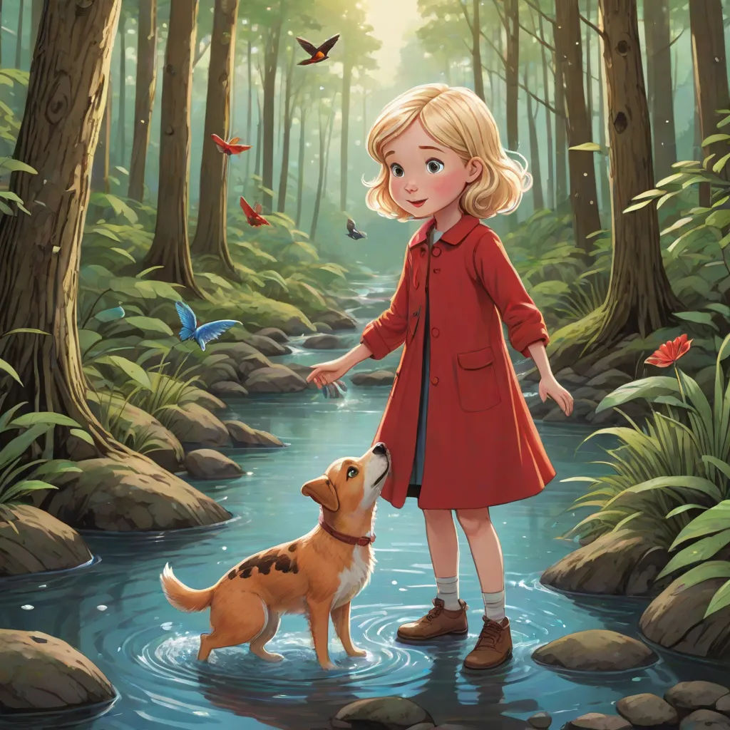 a painting of a girl and a dog in a forest with butterflies flying around her and a stream running through the woods, Cliff Childs, magic realism, a storybook illustration, storybook illustration