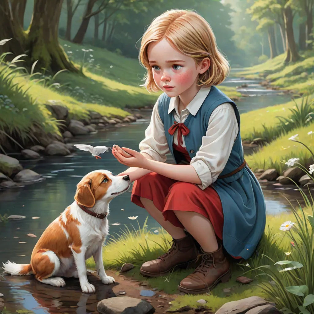 a painting of a little girl feeding a dog a treat from a bird on a river bank with a stream running through it, Bob Byerley, magical realism, a storybook illustration, official art