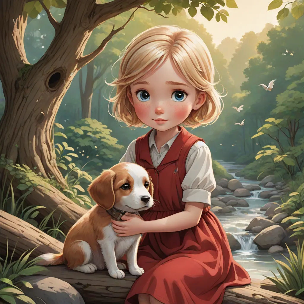 a little girl sitting on a log with a dog in her lap and a stream running through the woods, Alice Prin, fantasy art, a storybook illustration, storybook illustration