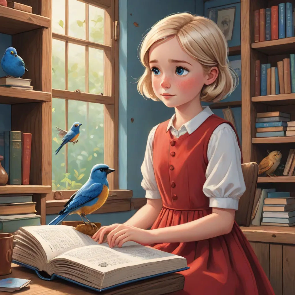 a girl is reading a book with a bird on her lap and a bird on her hand is sitting on a book, Chris LaBrooy, fantasy art, a storybook illustration, storybook illustration