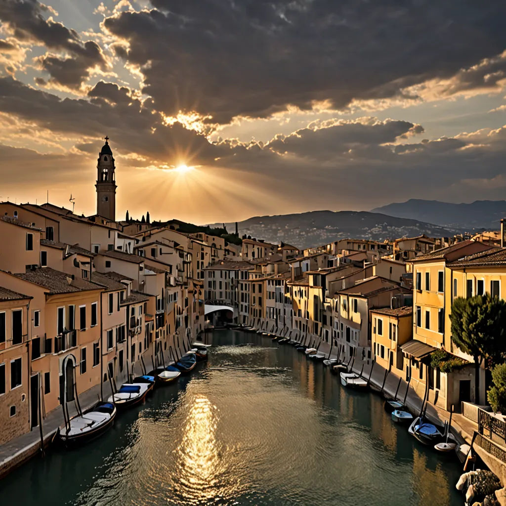 a river running through a city next to tall buildings and a clock tower in the distance with a sun shining through the clouds, art photography, a matte painting, Correggio, beautiful landscape