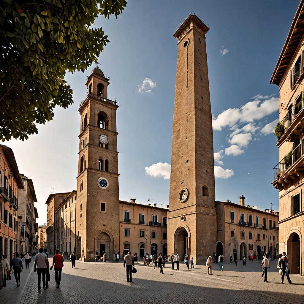 a tall tower with a clock on it's side in a city square with people walking around it, romanesque, a detailed matte painting, Carpoforo Tencalla, tone mapping