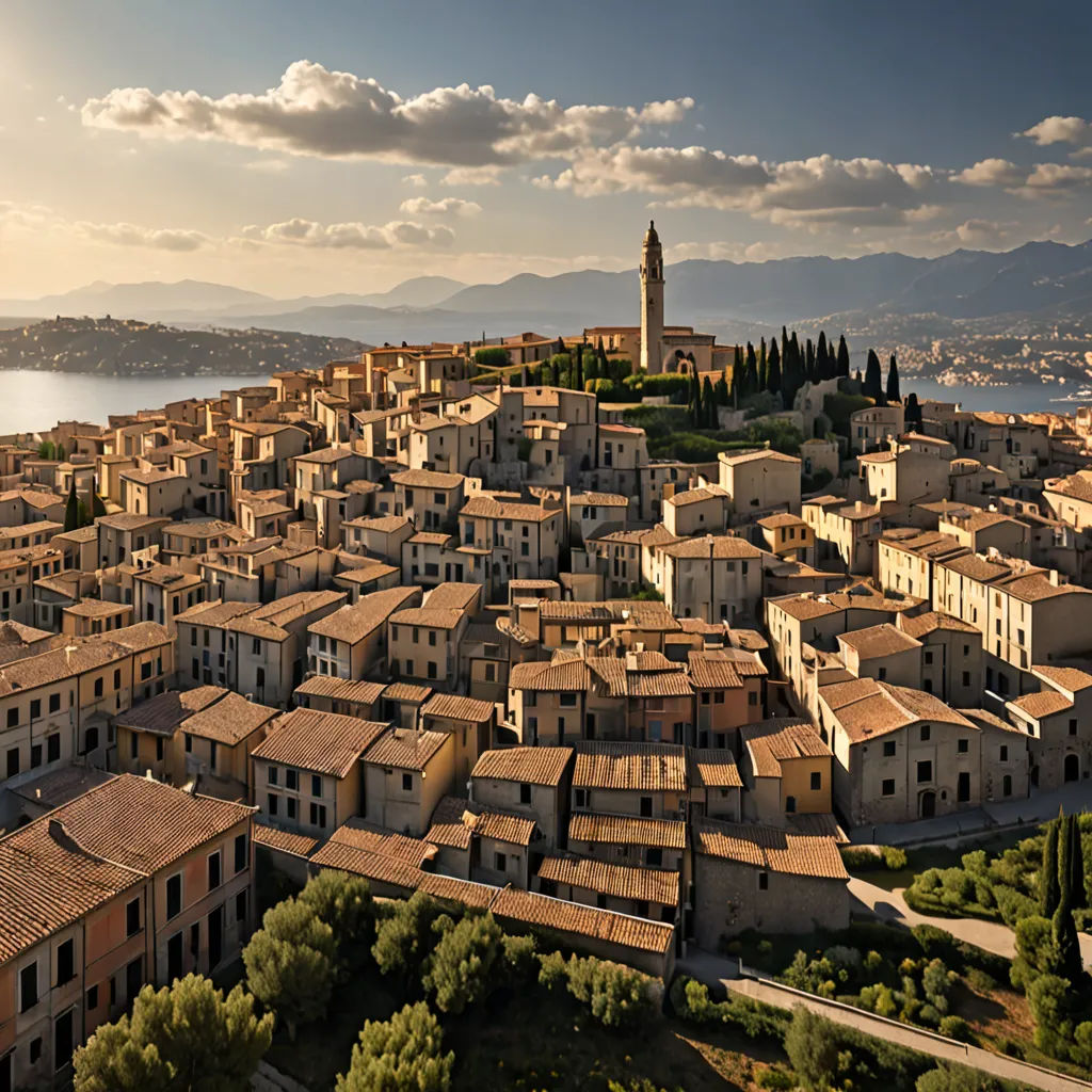 a city with a tower and a clock on top of it's roof tops and a body of water in the background, regionalism, a detailed matte painting, Correggio, matte painting