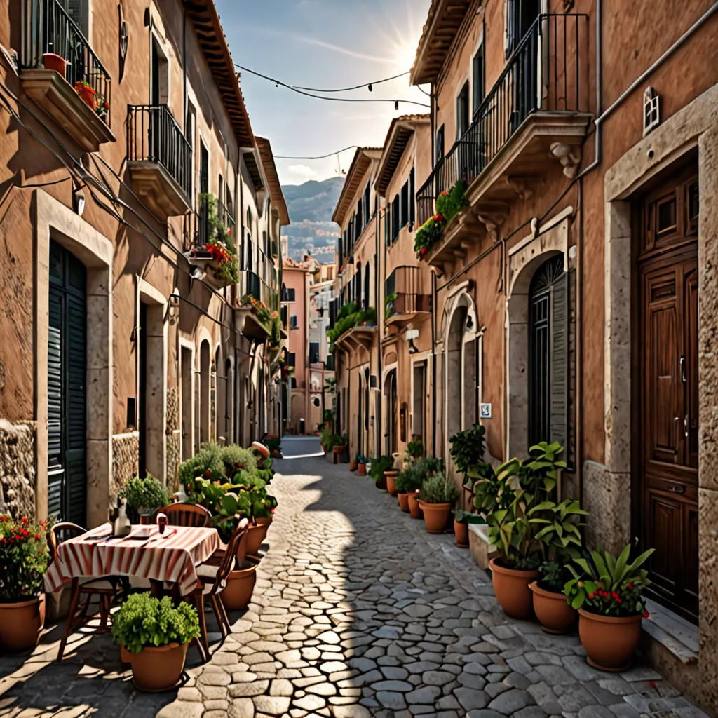 a cobblestone street with tables and chairs and potted plants on either side of the street and a mountain in the distance, photorealism, a detailed matte painting, Evgeny Lushpin, photorealistic imagery