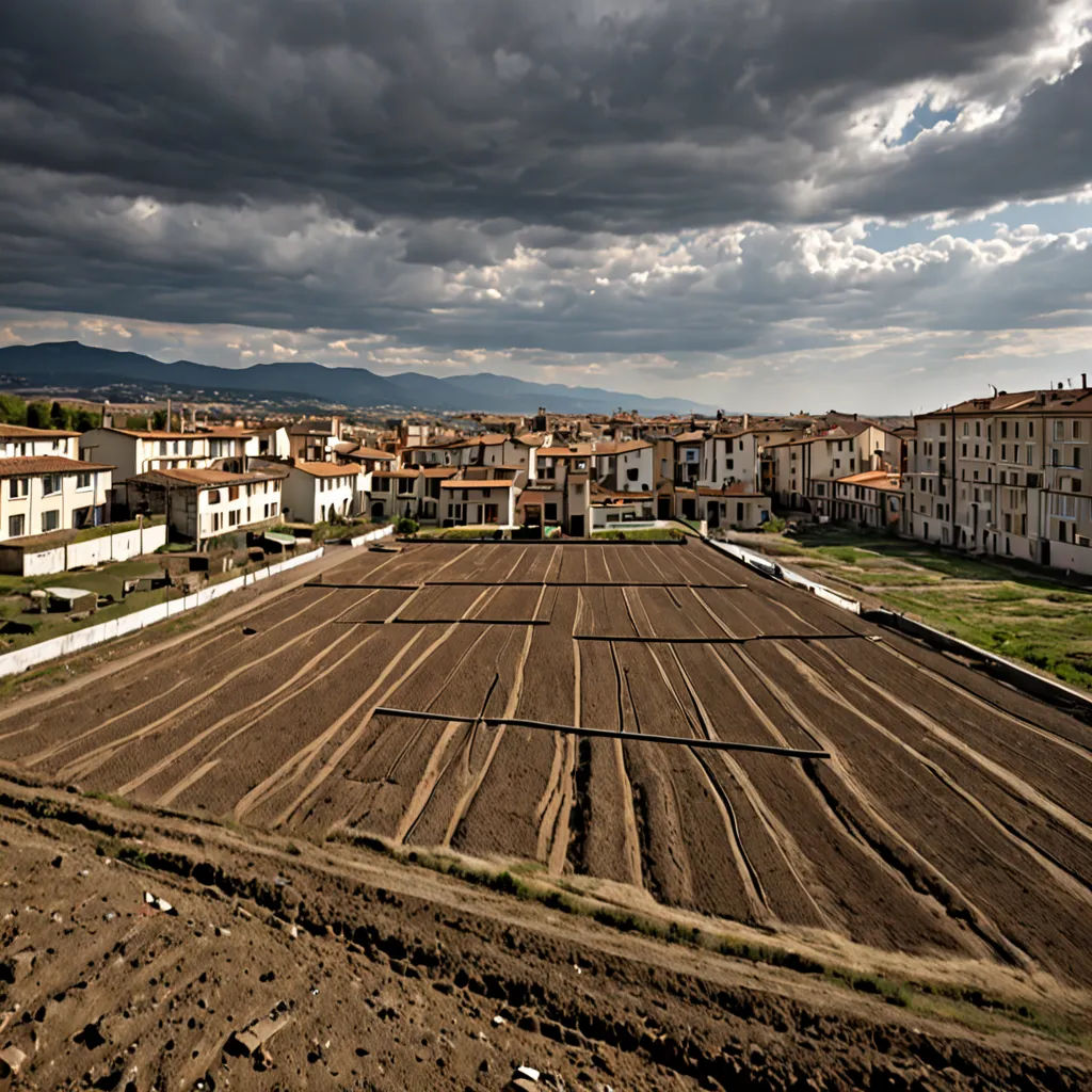 a large field with a tennis court in the middle of it and a city in the background with buildings, land art, a matte painting, Andreas Gursky, award - winning photography