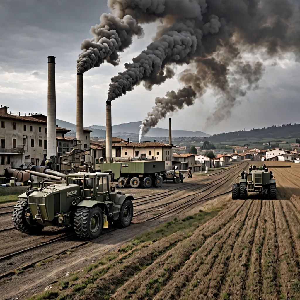 a large factory with smoke pouring out of it's stacks and trucks driving down the road in front of it, environmental art, a detailed matte painting, Andreas Gursky, award-winning photograph