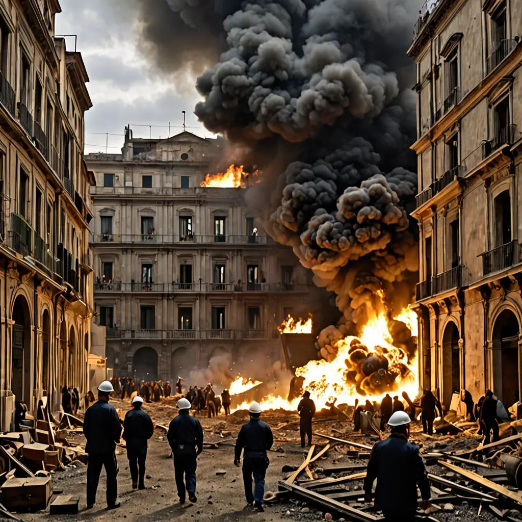a group of people standing around a fire in a city street with a large fire coming out of the sky, auto-destructive art, a detailed matte painting, Celia Fiennes, vfx